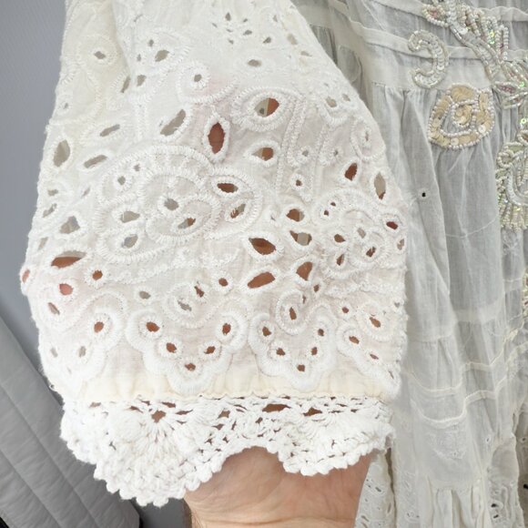ANTICA SARTORIA Beach Babydoll Eyelet Laceβ Puffed Sleeves Beaded White Mini OS - Picture 8 of 10
